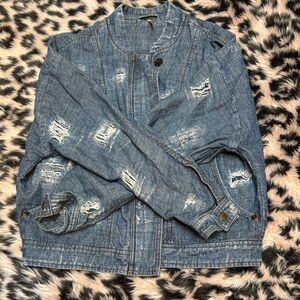 Free People Blue Textured Distressed Loose Fit Zippered Denim Jacket w/ Buttons